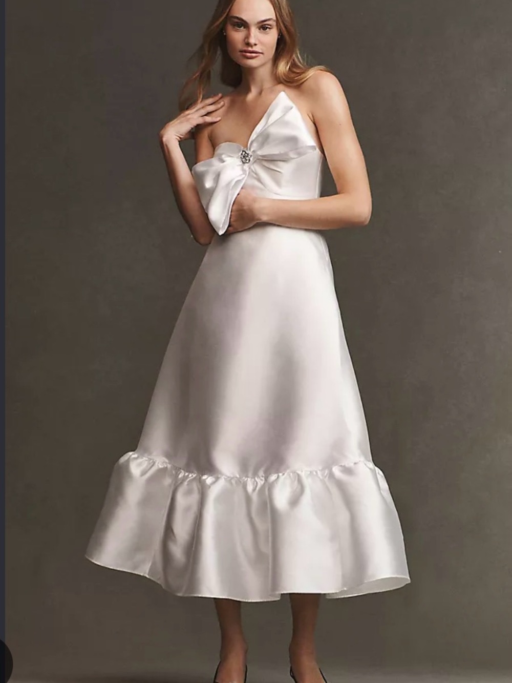 Hutch White Strapless Satin Midi Dress with Decorative Bow
